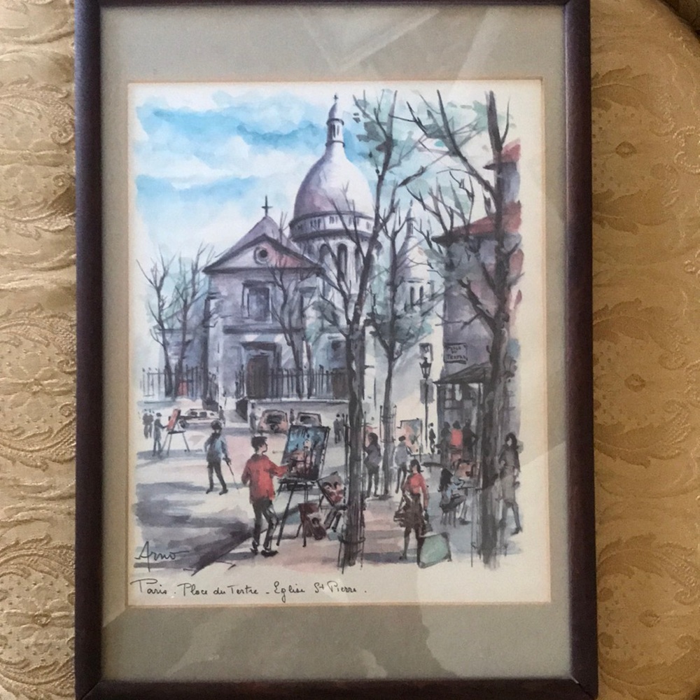 Framed Paris Watercolor by Arno vintage
